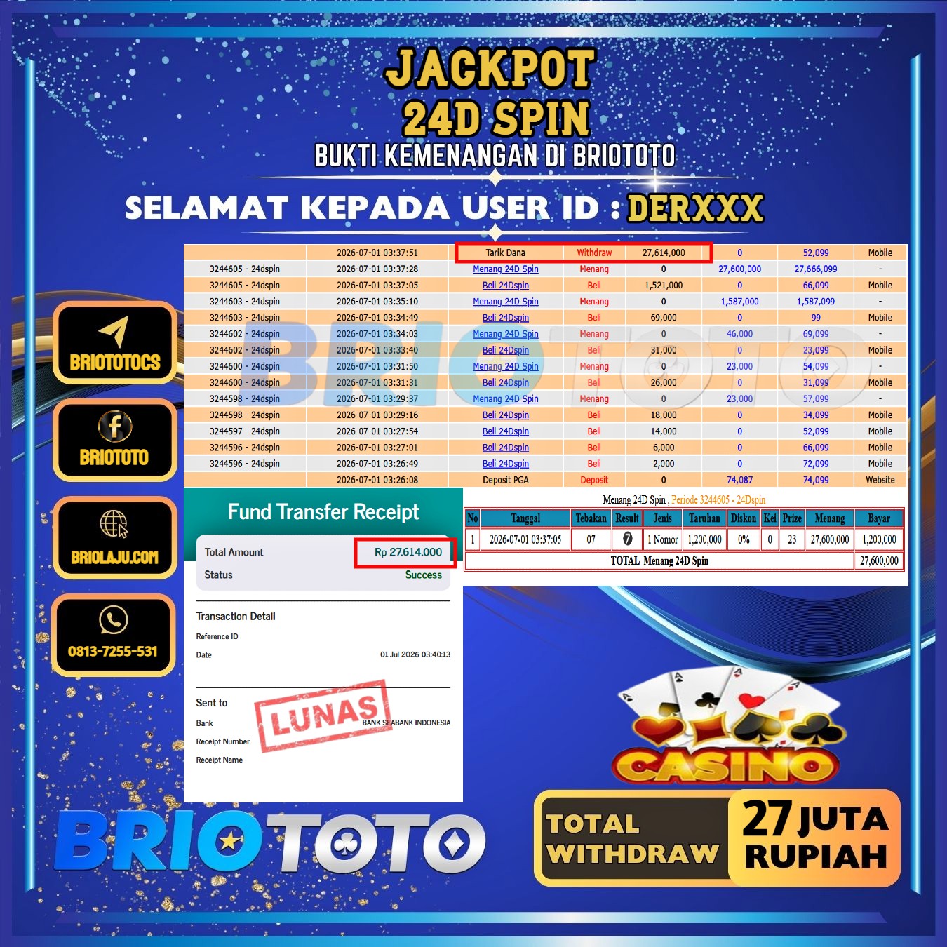 BRIOTOTO JACKPOT LIVE GAME 24D SPIN RP.27.000.000,- LUNAS USER ID :  DER****