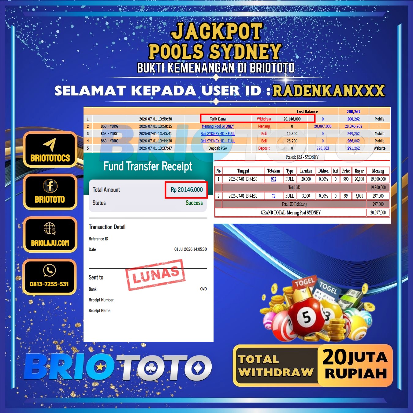 BRIOTOTO JACKPOT TOGEL SYDNEY RP.20.000.000,- LUNAS USER ID :  RADENKAN****