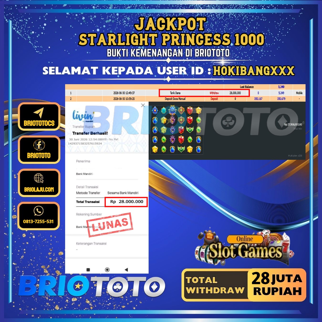 BRIOTOTO JACKPOT SLOT STARLIGHT PRINCESS 1000 RP.28.000.000,- LUNAS USER ID : HOKIBANG****